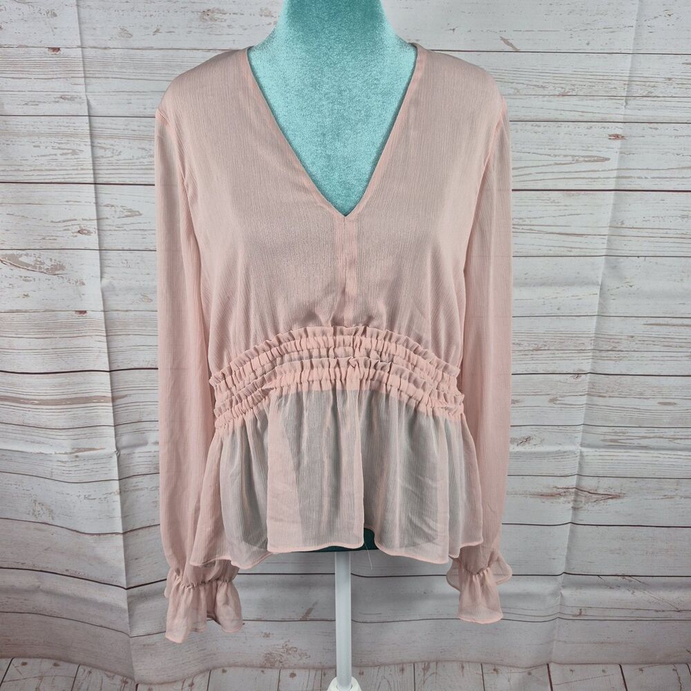 EXPRESS Sheer Peplum Top Womens Size L Coquette Fairy Boho Pink Bishop Sleeve